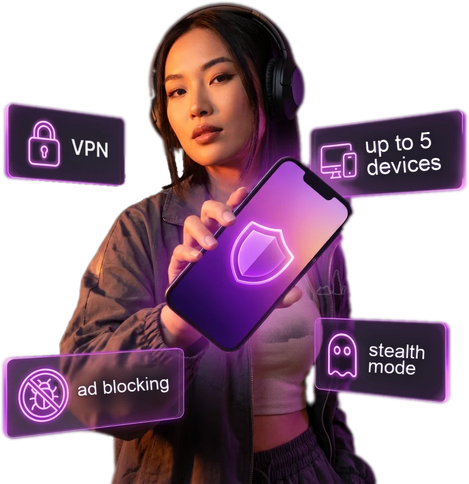 A woman in headphones holding a phone running NvoVPN; neon chips read VPN, up to 5 devices, ad blocking, stealth mode