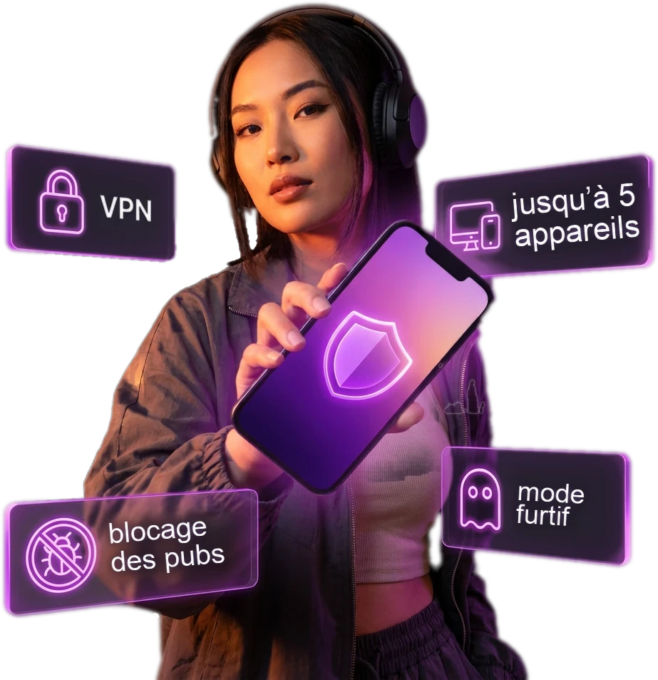 Une femme avec un casque tient un téléphone avec NvoVPN ; enseignes néon : VPN, jusqu’à 5 appareils, blocage des pubs, mode furtif