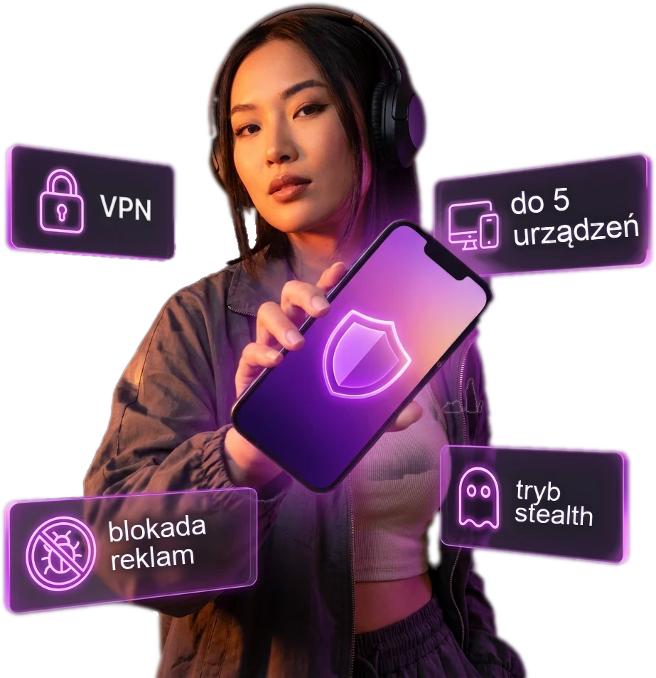 Kobieta w słuchawkach trzyma telefon z NvoVPN; neonowe napisy: VPN, do 5 urządzeń, blokada reklam, tryb stealth