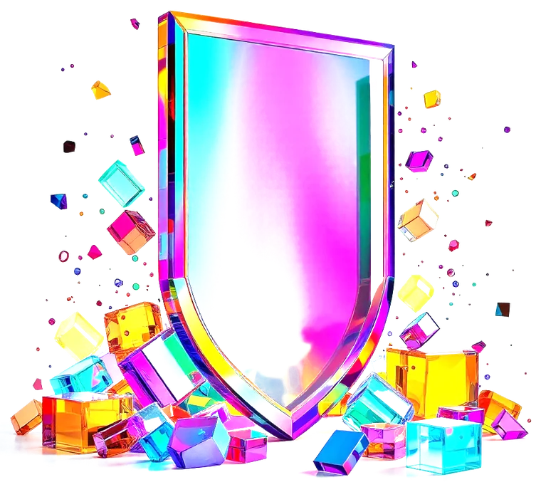 A glass shield deflecting ad banners that shatter into shards