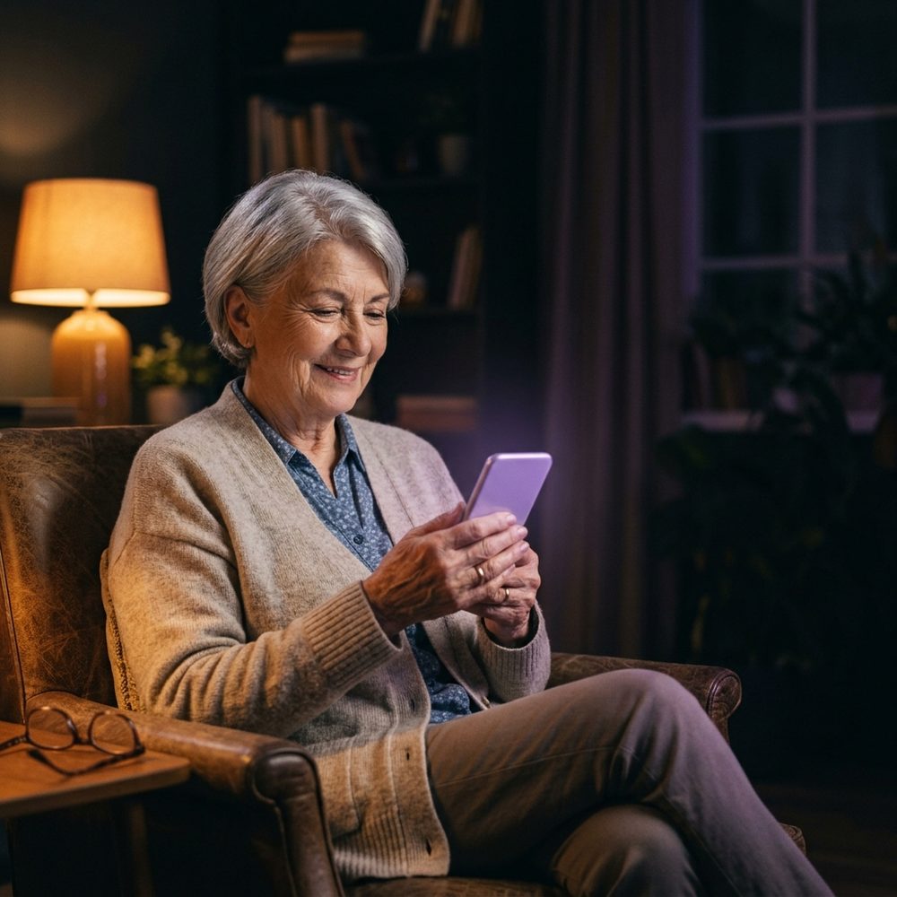 An older woman with a smartphone in an armchair: warm lamp light and the violet glow of the screen